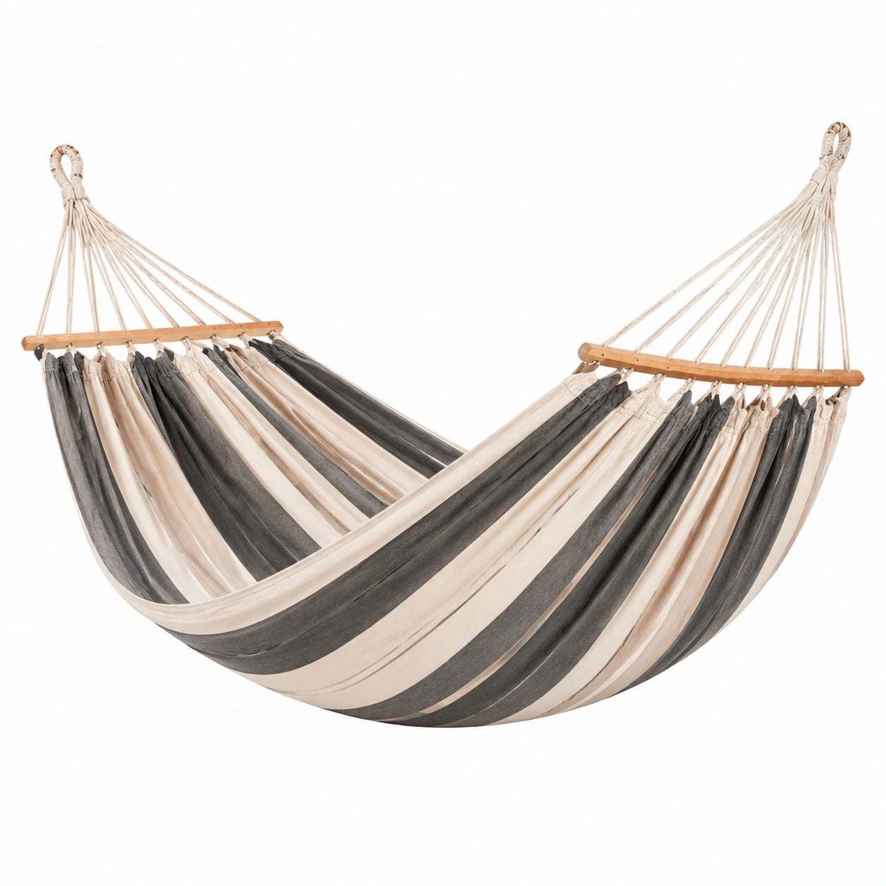 Amaca in Cotone a Strisce Grigio e Bianco con Barre in Legno