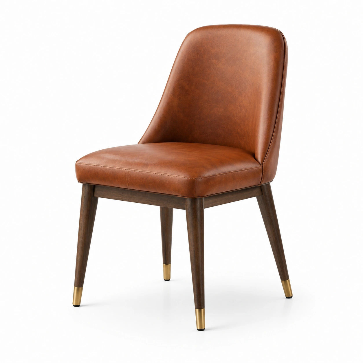 Sedia in pelle sintetica marrone scuro con gambe in legno e dettagli in ottone