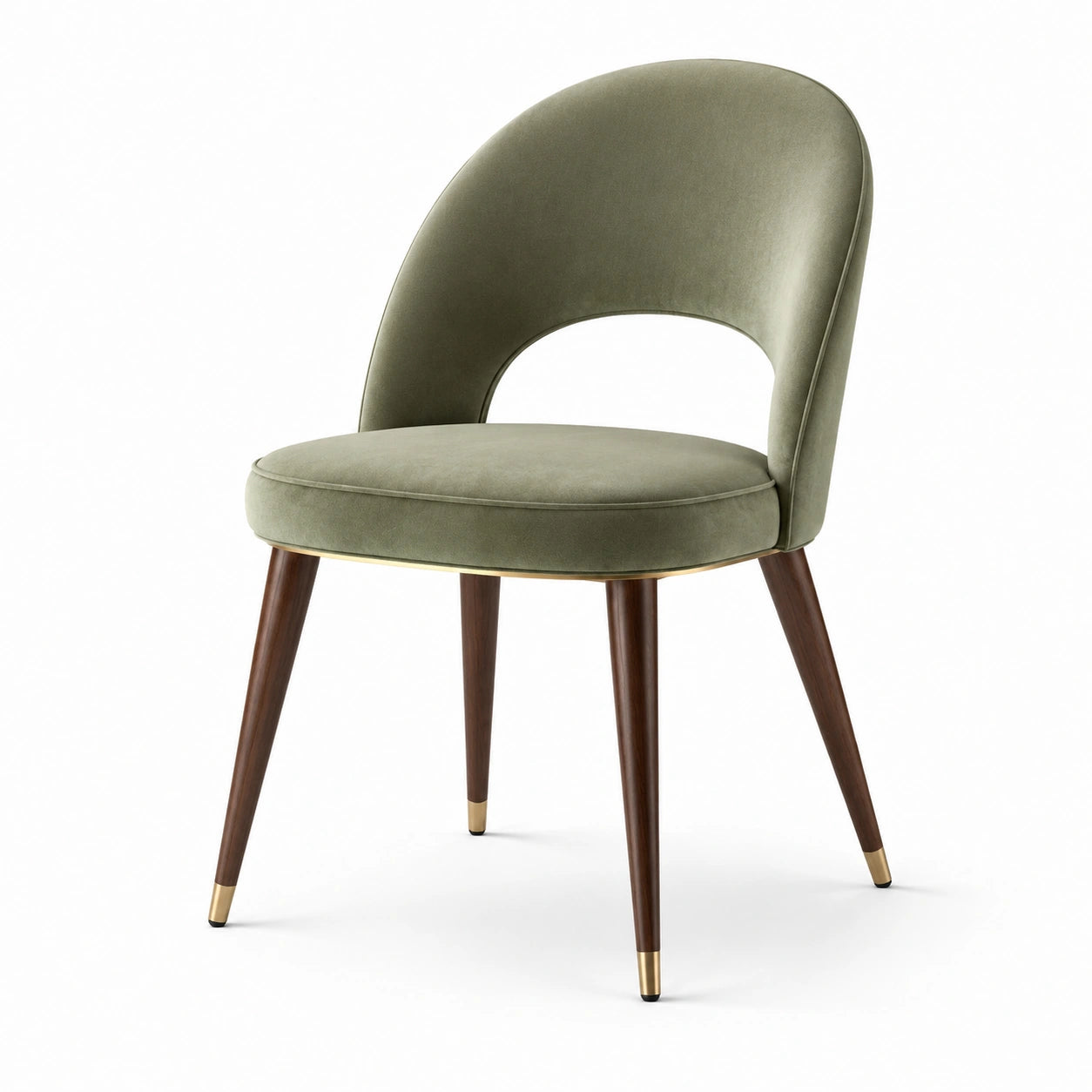 Sedia in velluto verde con gambe in legno e dettagli in ottone