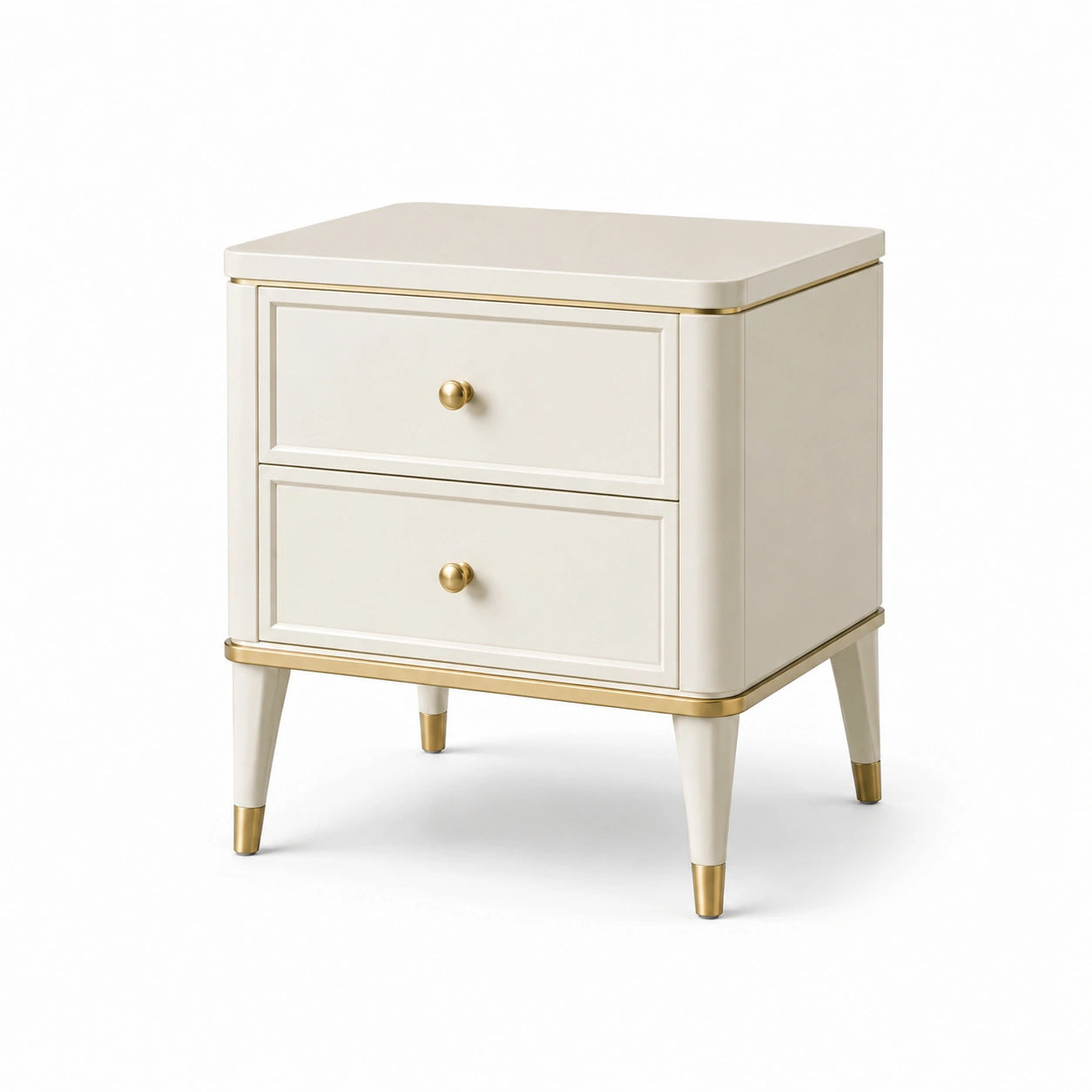 Comodino in legno MDF bianco con dettagli in metallo dorato, 2 cassetti 45x35x60 cm