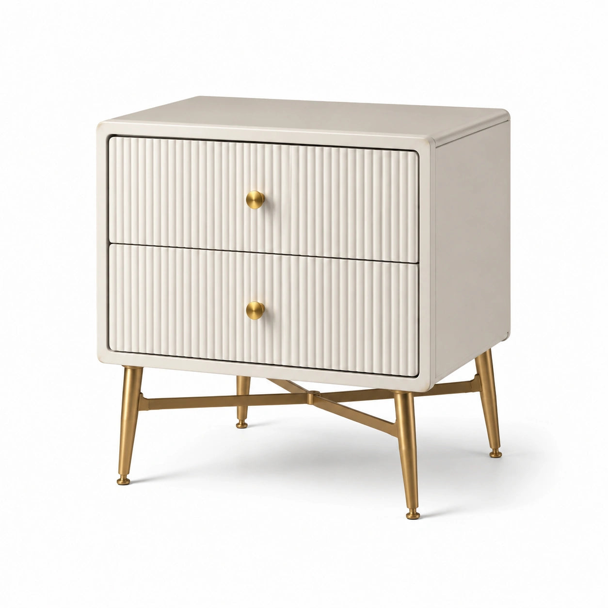 Comodino in legno e metallo bianco e oro con 2 cassetti
