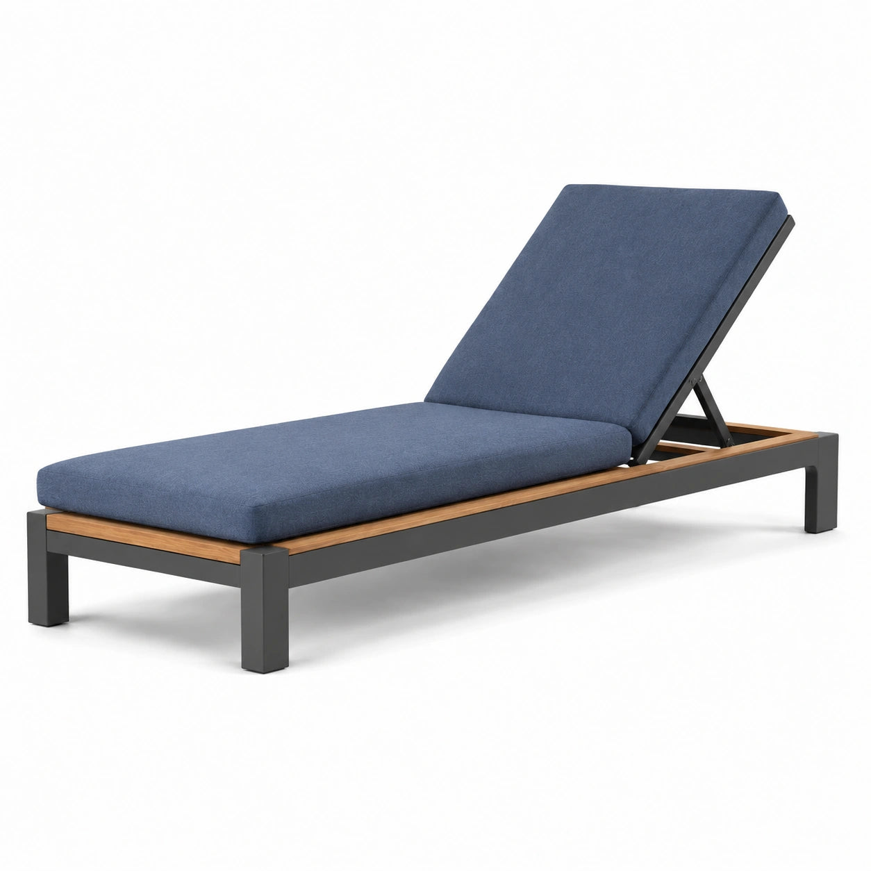 Lettino prendisole in alluminio e legno con cuscino blu