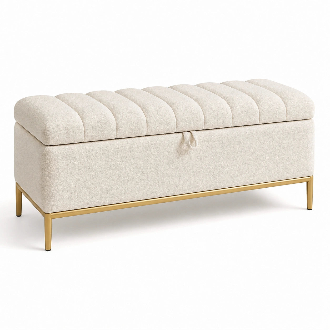 Cassapanca in tessuto bouclé crema con gambe in metallo oro
