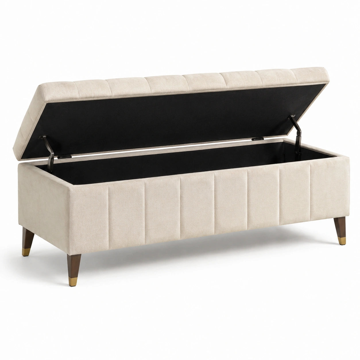 Panca in tessuto beige con gambe in legno massello
