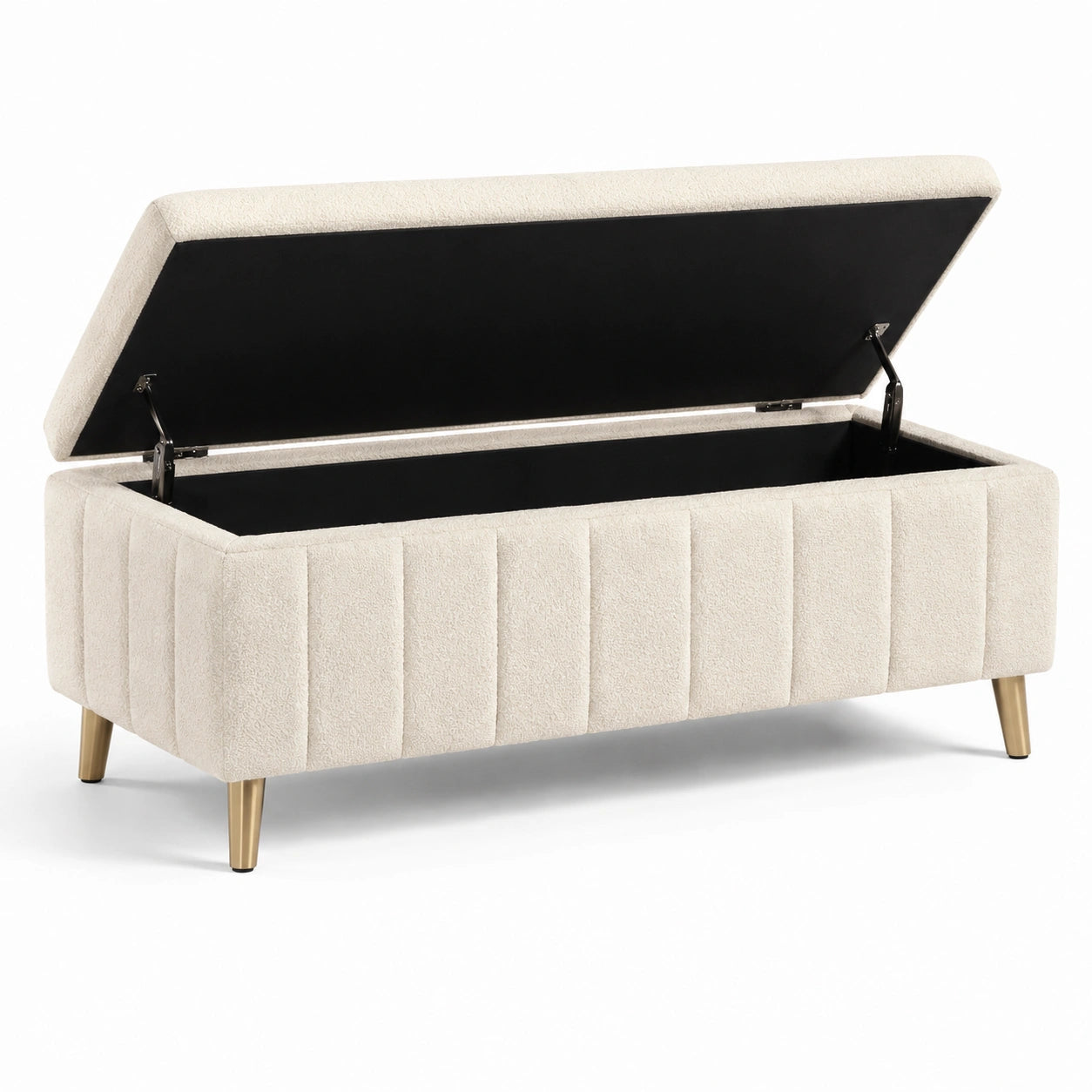 Panca contenitore in tessuto beige con gambe in metallo