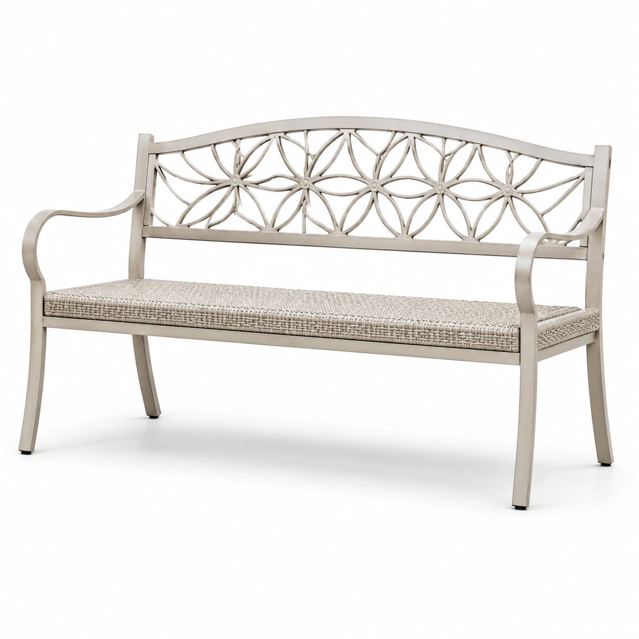 Panchina da giardino in metallo grigio con seduta in rattan sintetico